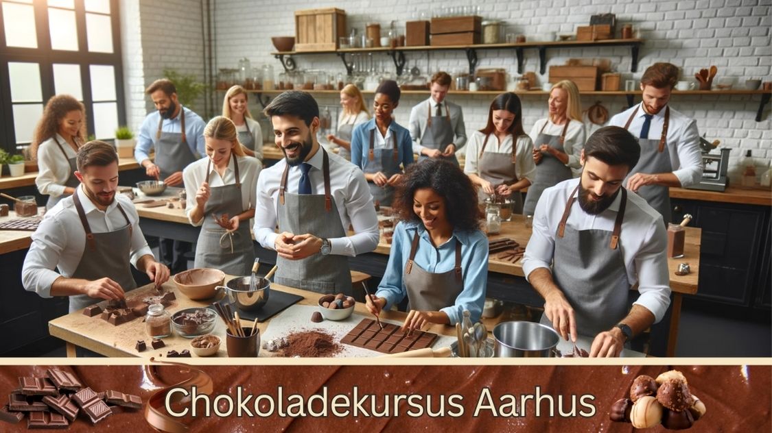 Billedet viser et chokoladekursus i Aarhus, hvor en gruppe mennesker i ens forklæder lærer at lave chokolade. Deltagerne er engagerede og arbejder sammen i et moderne køkkenmiljø. De smiler og interagerer, mens de håndterer forskellige chokoladeingredienser og værktøjer. Kurset fungerer som en teambuilding-aktivitet, hvor deltagerne ikke kun lærer om chokoladefremstilling, men også styrker samarbejdet og kommunikationen indbyrdes. Atmosfæren er hyggelig og kreativ, hvilket er ideelt for teambinding og læring gennem praktisk aktivitet.