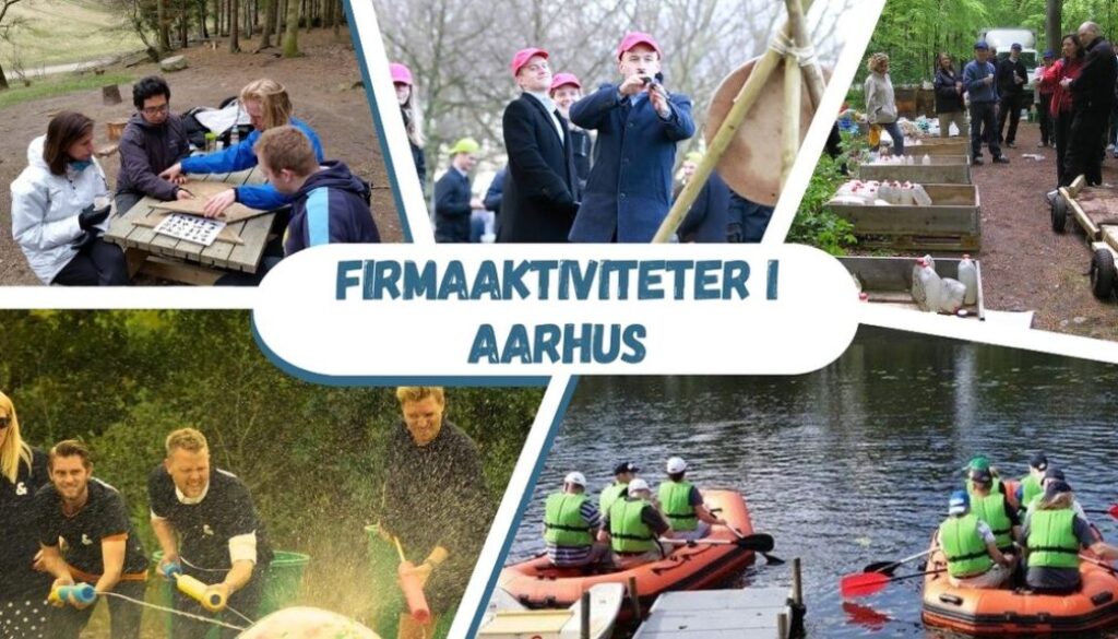 Billedet fremviser en række firmaaktiviteter i Aarhus, der omfatter både fysiske og strategiske udfordringer. Der er scener med kollegaer, der løser gåder ved et bord, deltager i kano-sejlads, og engagerer sig i vandkamp. Der ses også medarbejdere i team-øvelser med trækonstruktioner og en gruppe, der samles i en park. Teksten "Firmaaktiviteter i Aarhus" markerer disse begivenheder som en del af en teambuilding-indsats, der styrker samarbejde og samhold blandt kollegaerne. Atmosfæren er livlig og inkluderende, hvilket understøtter målet om effektiv teambuilding.