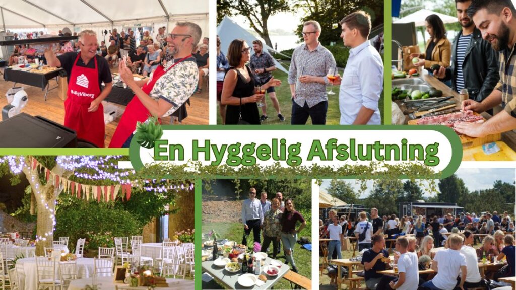 Billedet viser "En Hyggelig Afslutning" på en teambuildingdag med forskellige aktiviteter. Folk er samlet i flere afslappede og festlige situationer: der grilles, folk nyder mad og drikke sammen, og generelt socialiseres der i udendørs og indendørs miljøer. Nogle scener viser personer, der engagerer sig i madlavning sammen, mens andre viser gæster, der snakker og hygger sig i solen. Det afspejler en vellykket dag med fokus på samarbejde og fællesskab, hvor deltagerne både har det sjovt og styrker deres relationer.