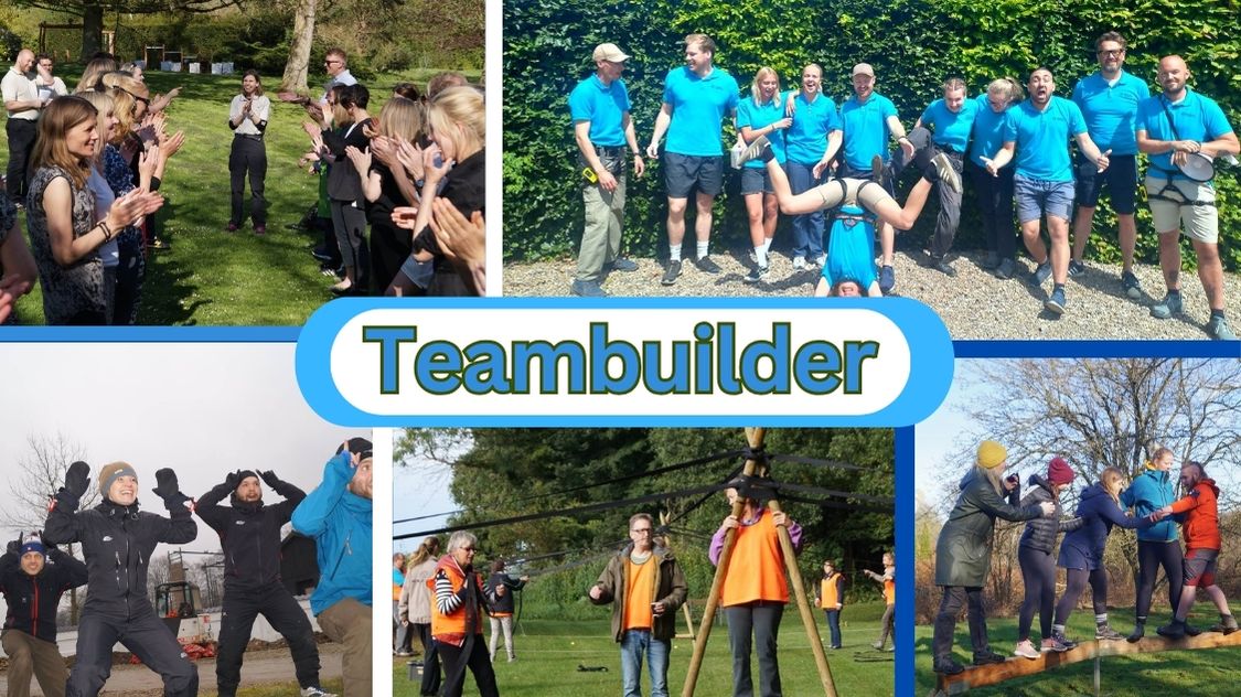 Billedet viser en række energiske teambuilding-aktiviteter med deltagere i forskellige øvelser, der fremmer samarbejde og holdånd. Deltagerne er engageret i alt fra jublende applaus og balancelege til fysiske udfordringer og gruppebilleder i matchende t-shirts. Hver scene afspejler glæde og engagement, hvilket er essentielt i effektive teambuilding-sessioner. Teksten "Teambuilder" antyder fokus på at styrke teams gennem sjove og interaktive aktiviteter.