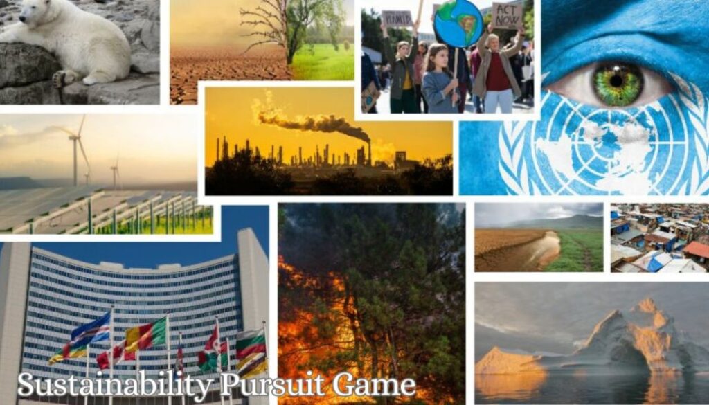 Dette billede til "Sustainability Pursuit Game" fanger essensen af miljøbevidsthed og global ansvarlighed gennem en række indtrykkelige visuelle elementer. Fra billeder af vindmøller og smeltende isbjerge til demonstrationer for klimahandling og skovbrande, viser det forskellige aspekter af miljømæssige udfordringer og bæredygtighedsindsatser. En markant del af billedet er et symbol for FN, hvilket understreger vigtigheden af internationalt samarbejde i kampen mod klimaforandringer.