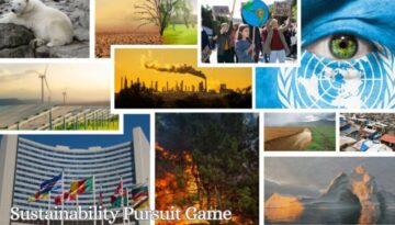 Dette billede til "Sustainability Pursuit Game" fanger essensen af miljøbevidsthed og global ansvarlighed gennem en række indtrykkelige visuelle elementer. Fra billeder af vindmøller og smeltende isbjerge til demonstrationer for klimahandling og skovbrande, viser det forskellige aspekter af miljømæssige udfordringer og bæredygtighedsindsatser. En markant del af billedet er et symbol for FN, hvilket understreger vigtigheden af internationalt samarbejde i kampen mod klimaforandringer.