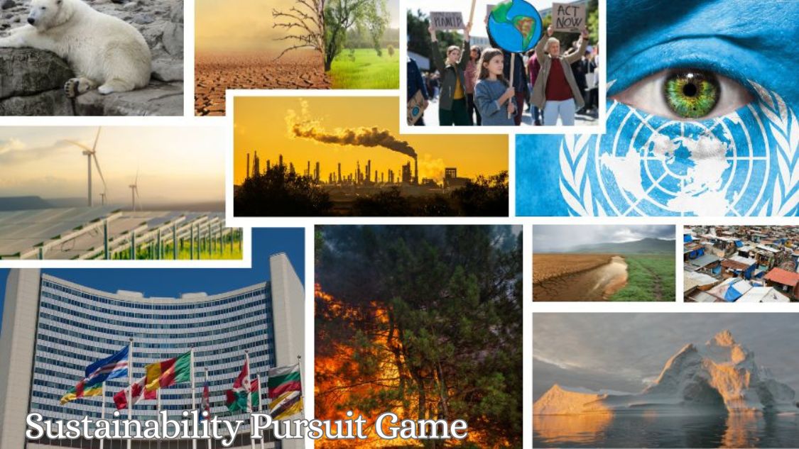 Dette billede til "Sustainability Pursuit Game" fanger essensen af miljøbevidsthed og global ansvarlighed gennem en række indtrykkelige visuelle elementer. Fra billeder af vindmøller og smeltende isbjerge til demonstrationer for klimahandling og skovbrande, viser det forskellige aspekter af miljømæssige udfordringer og bæredygtighedsindsatser. En markant del af billedet er et symbol for FN, hvilket understreger vigtigheden af internationalt samarbejde i kampen mod klimaforandringer.