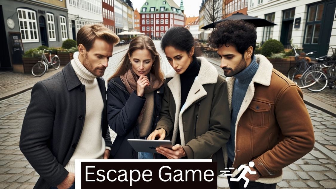 På billedet ser vi en gruppe deltagerne, der er samlet om en tablet, sandsynligvis midt i en Escape Game aktivitet som en del af en teambuilding-dag i Aarhus. De ser engagerede og samarbejdsvillige ud, hvilket er afgørende for at løse de komplekse gåder, som Escape Games typisk tilbyder. Aktiviteten foregår tilsyneladende i en bymiljø, hvilket tilføjer et element af by-opdagelse til teambuilding-oplevelsen, og understreger vigtigheden af effektiv kommunikation og teamwork.