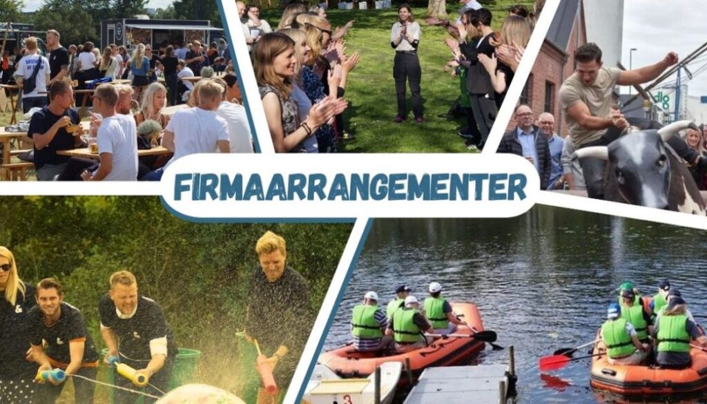 Dette billede fremviser en bred vifte af firmaarrangementer i Aarhus, hvor medarbejdere deltager i forskellige teambuilding-aktiviteter. På billedet kan vi se grupper, der engagerer sig i udendørs spisning, applaus til præsentationer, vandaktiviteter med kanoer, og endda en sjov "tyre-ridning" konkurrence. Billedet illustrerer dynamikken og den sjove atmosfære under firmaarrangementer, der styrker samarbejde og teamånd blandt kolleger.