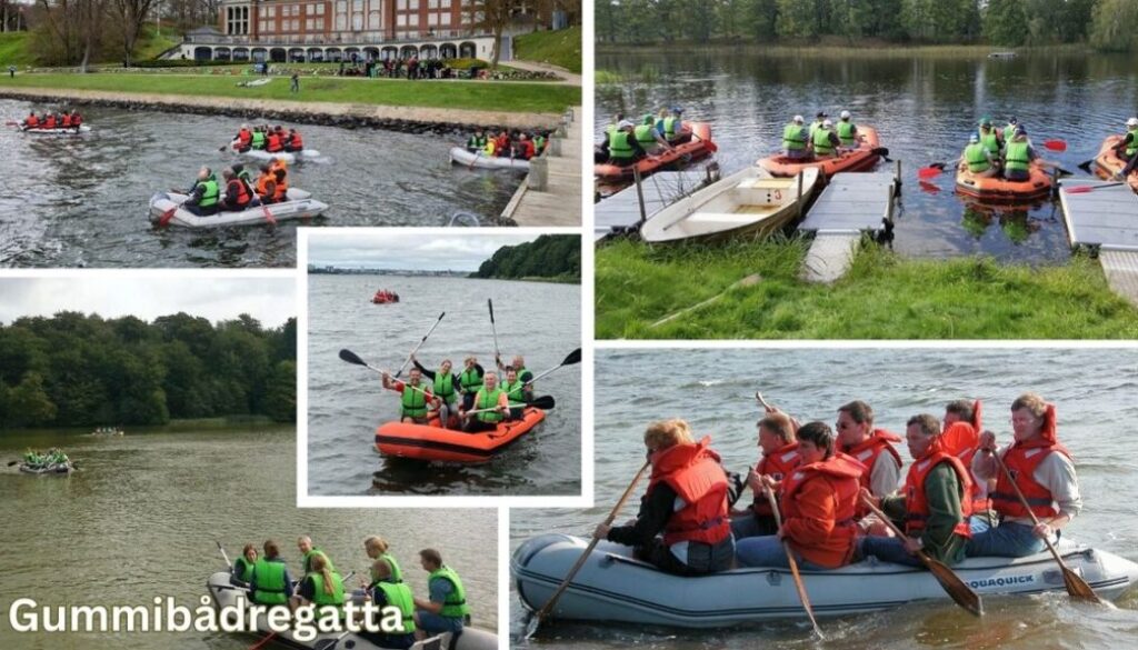 Billedet viser en gummibådsregatta, hvor flere hold i redningsveste ror i oppustelige både på søer og floder. Deltagerne arbejder sammen om at styre bådene og konkurrere mod hinanden. Nogle billeder viser start- og ankomstområder, mens andre fanger dynamiske øjeblikke på vandet. Det er en sjov og aktiv teambuilding-aktivitet, der kræver samarbejde, koordination og god kommunikation for at navigere effektivt.