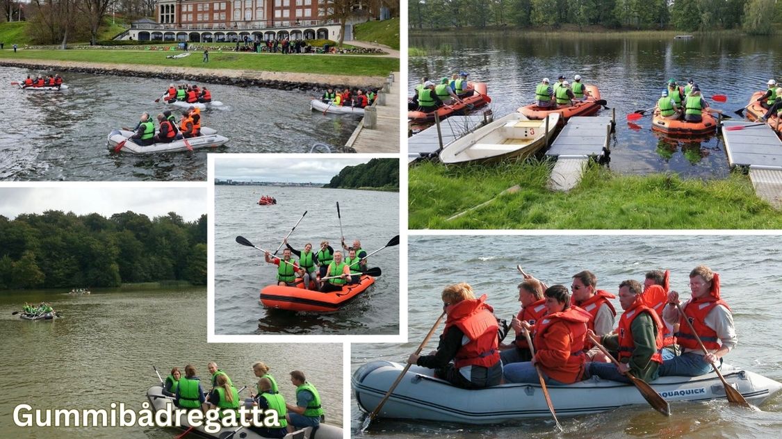 Billedet viser en gummibådsregatta, hvor flere hold i redningsveste ror i oppustelige både på søer og floder. Deltagerne arbejder sammen om at styre bådene og konkurrere mod hinanden. Nogle billeder viser start- og ankomstområder, mens andre fanger dynamiske øjeblikke på vandet. Det er en sjov og aktiv teambuilding-aktivitet, der kræver samarbejde, koordination og god kommunikation for at navigere effektivt.