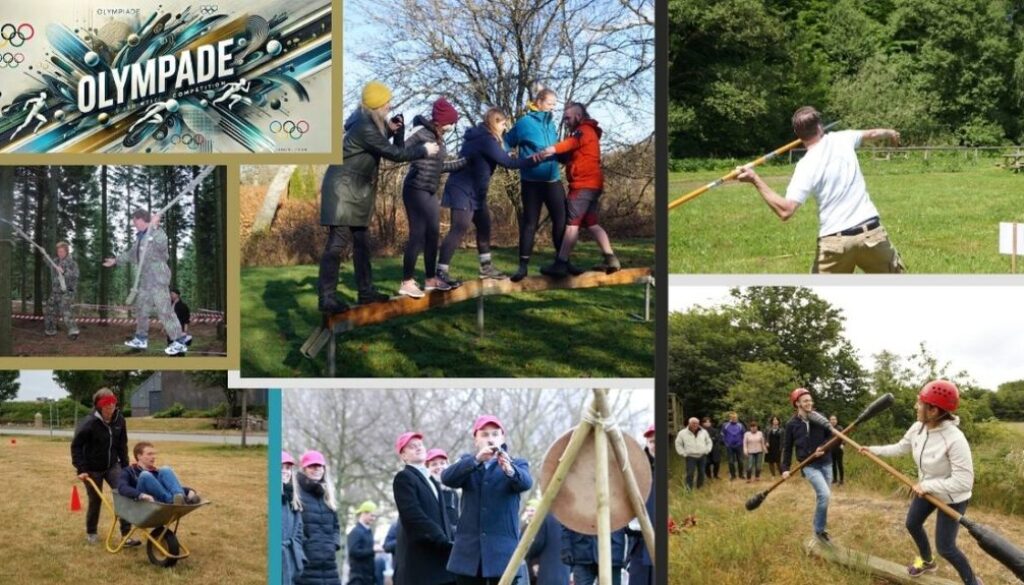 Billedet viser en Olympiade-teambuilding-aktivitet, hvor deltagerne konkurrerer i forskellige fysiske og taktiske udfordringer. Der er balanceøvelser, spydkast, duel på balancebom, skydning og teamwork-øvelser. Det er en sjov og aktiv måde at styrke samarbejde og konkurrenceånd på.