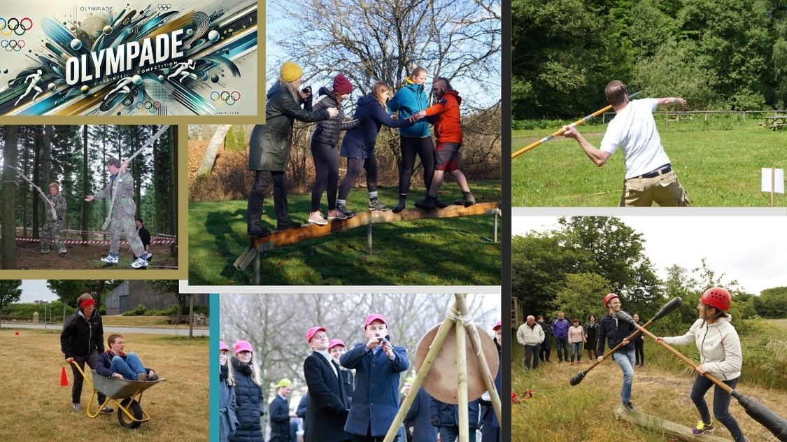 Billedet viser en Olympiade-teambuilding-aktivitet, hvor deltagerne konkurrerer i forskellige fysiske og taktiske udfordringer. Der er balanceøvelser, spydkast, duel på balancebom, skydning og teamwork-øvelser. Det er en sjov og aktiv måde at styrke samarbejde og konkurrenceånd på.