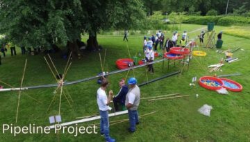 Billedet viser en Pipeline Project-teambuilding-aktivitet, hvor deltagerne arbejder sammen om at konstruere en funktionel pipeline ved hjælp af rør, bambus og andre materialer. Aktiviteten kræver strategi, kommunikation og teamwork for at få væsken til at flyde fra start til slut uden afbrydelser.