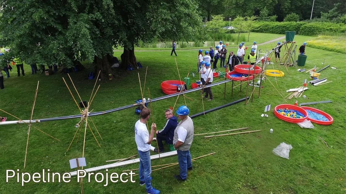 Billedet viser en Pipeline Project-teambuilding-aktivitet, hvor deltagerne arbejder sammen om at konstruere en funktionel pipeline ved hjælp af rør, bambus og andre materialer. Aktiviteten kræver strategi, kommunikation og teamwork for at få væsken til at flyde fra start til slut uden afbrydelser.