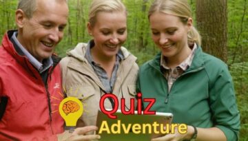 Billedet viser en Quiz Adventure-teambuilding-aktivitet, hvor deltagerne bruger en tablet til at løse opgaver i naturen. Aktiviteten kombinerer samarbejde, viden og problemløsning i en sjov og interaktiv udfordring.