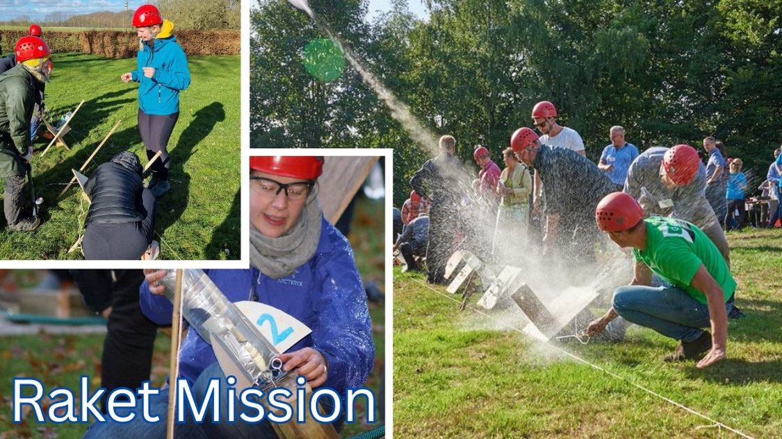 Billedet viser Raket Mission, en teambuilding-aktivitet, hvor deltagerne designer og affyrer vandraketter. Det kræver samarbejde, kreativitet og præcision for at få raketten til at flyve længst muligt.