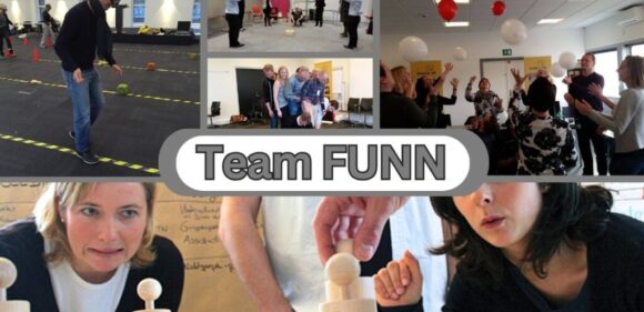 Billedet viser en collage af sjove og engagerende teambuilding-aktiviteter under konceptet Team FUNN. Deltagerne samarbejder i udfordringer, der tester deres kommunikation, balance, præcision og samarbejdsevner. Aktiviteterne inkluderer balanceøvelser, koordination og lege, der skaber fællesskab og styrker teamdynamikken.