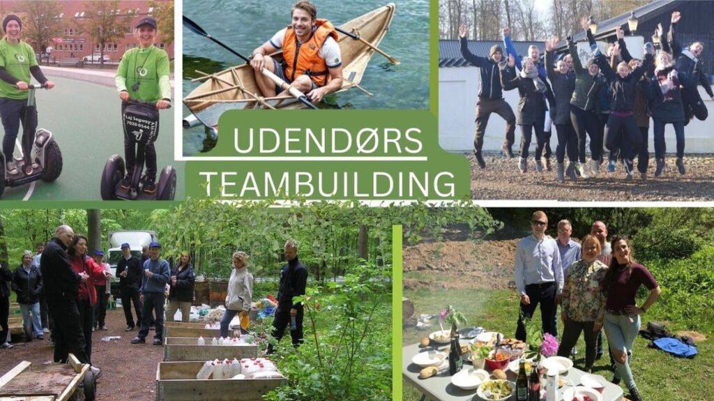 Billedet viser en collage af udendørs teambuilding-aktiviteter, hvor deltagerne engagerer sig i Segway-kørsel, kajakbygning, skovudfordringer, samarbejdsøvelser og fælles madlavning. Det er en kombination af fysiske og strategiske opgaver, der styrker sammenholdet og skaber en sjov og aktiv oplevelse i det fri.