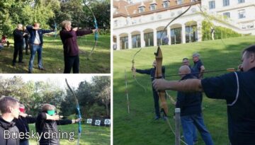 Billedet fremviser en bueskydningsaktivitet, som en del af en teambuilding-dag, hvor deltagerne kan teste deres præcision og koncentration. Bueskydning er en fremragende teambuilding-øvelse, der ikke kun forbedrer individuel fokus, men også fremmer en sund konkurrenceånd og teamwork, da deltagerne ofte bliver opdelt i hold og konkurrerer mod hinanden. Denne aktivitet kan være særligt givende, da den lærer deltagerne værdien af tålmodighed og præcision under pres.