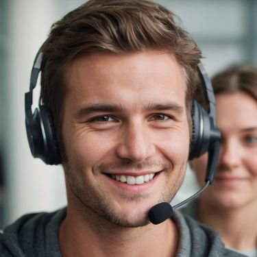 Billedet viser en ung mand med et headset, der smiler venligt og ser ud til at være klar til at etablere kontakt med kunder. Han ser ud til at være en del af et kundeservice eller supportteam, hvor hans venlige og imødekommende udtryk antyder, at han er parat til at hjælpe eller svare på spørgsmål. Baggrunden er uskarp, hvilket hjælper med at fokusere opmærksomheden på manden i forgrunden.