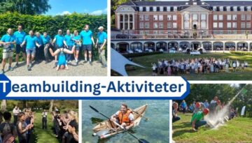 Billedet er en collage, der viser forskellige teambuilding-aktiviteter for virksomheder. Det inkluderer blandt andet samarbejdsøvelser, udendørs eventyr som kajaksejlads og klatring, sjove udfordringer som sæbekasseløb samt sociale aktiviteter som madlavning. Midt i billedet samles en stor gruppe mennesker i en cirkel foran en stor bygning, hvilket understreger fællesskab og samarbejde. Teksten "Teambuilding Firma" fremhæver, at det er en professionel og engagerende oplevelse designet til virksomheder.